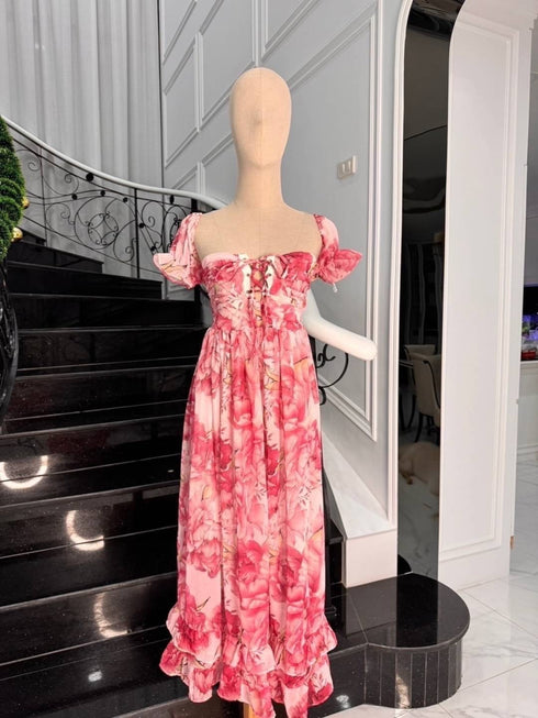 Floral Print Deep Square Neckline Sleeveless Lace Tie Up Dresses